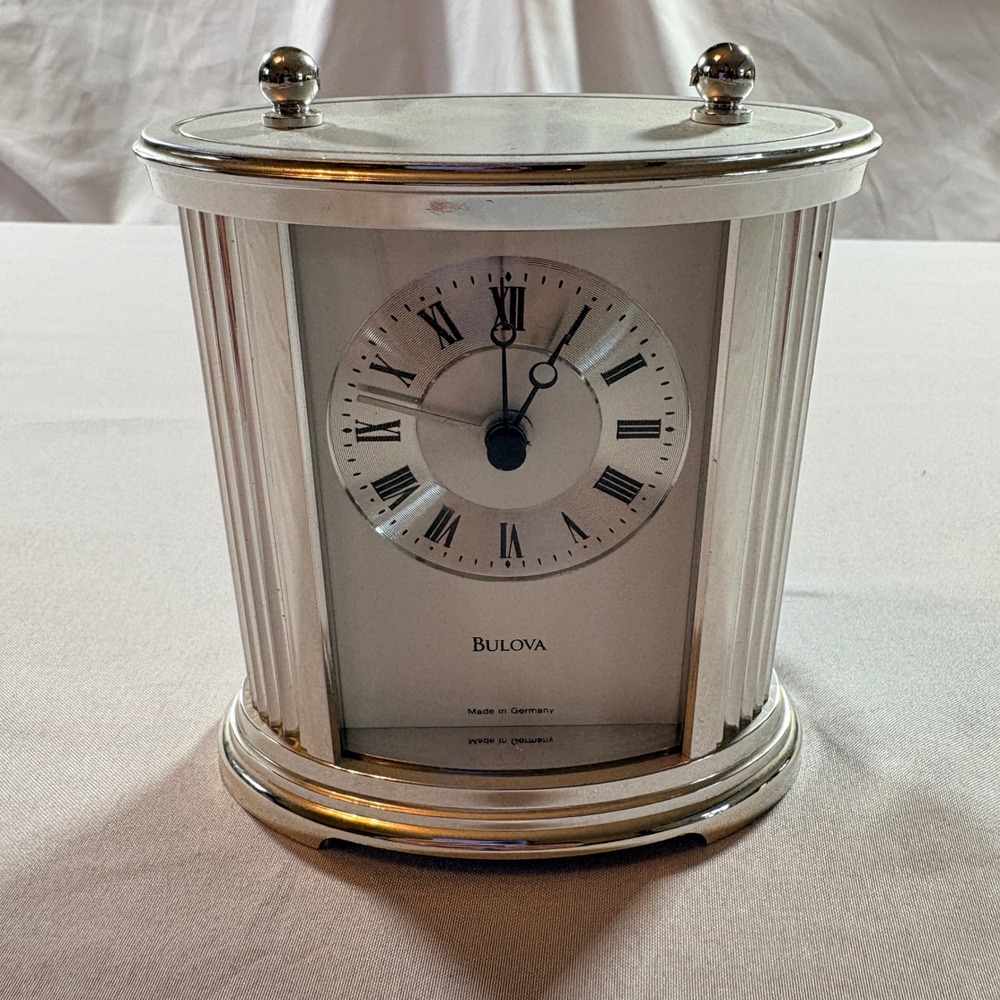 Bulova Mantel Clock Silver Tone B1840 German Made Roman Numeral Desk Timepiece